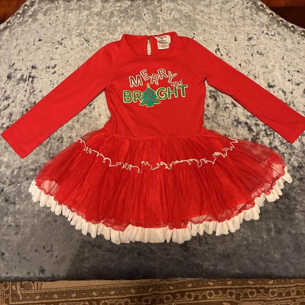 Counting Daisies girls Christmas red dress with MERRY AND BRIGHT . Size 4T